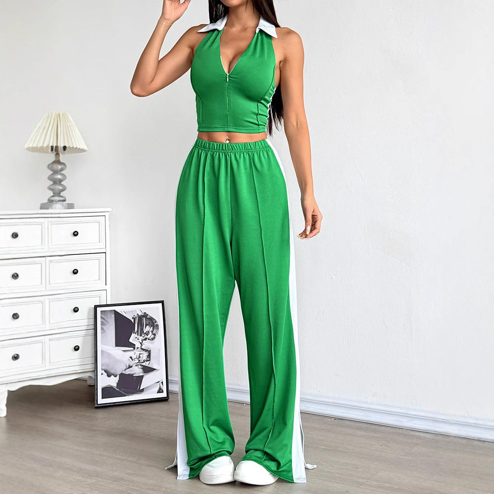 Sexy Backless Halter Top and Loose Long Pants Set