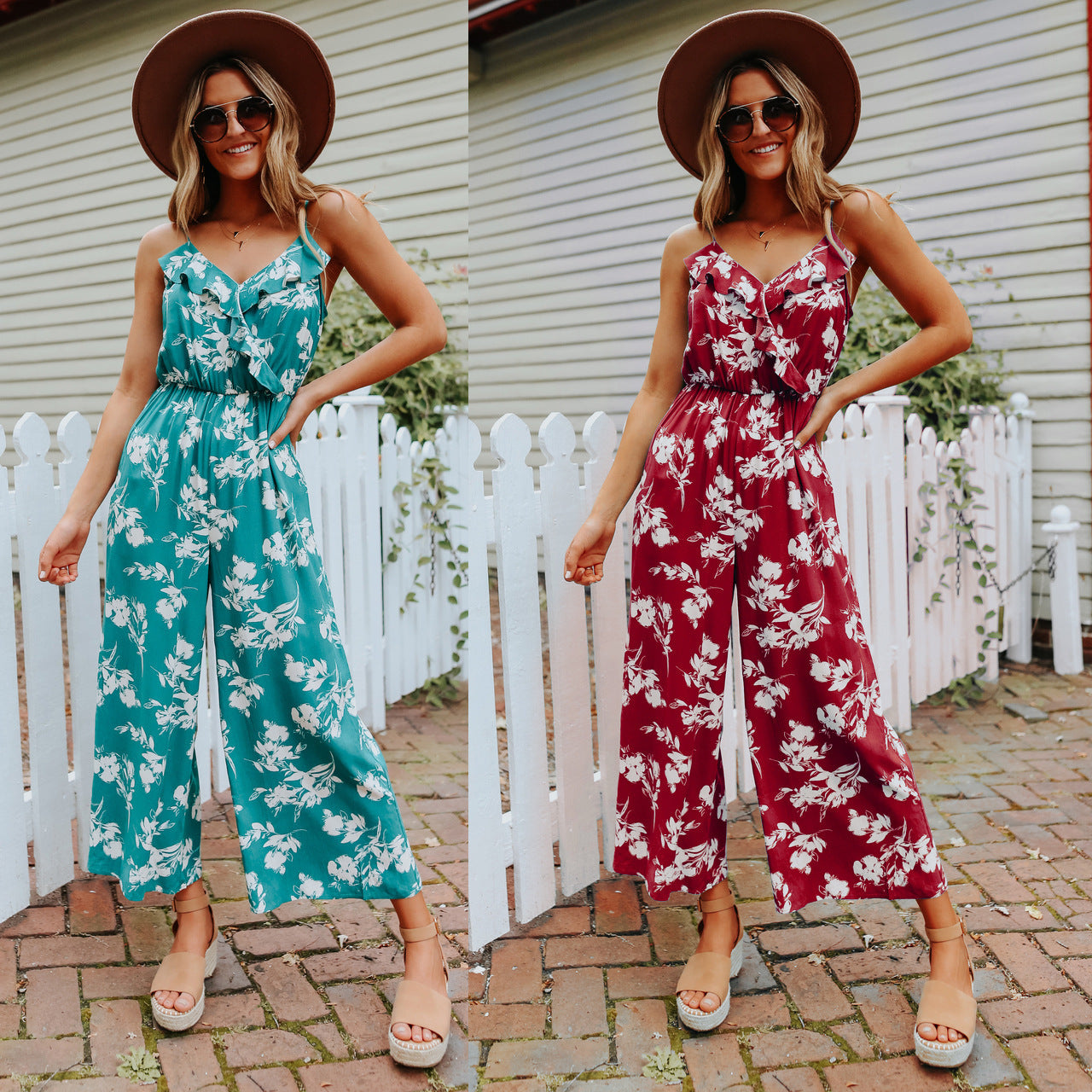 Sexy V-neck Strapless Shoulder-baring Floral Jumpsuit Multi-color Loose Backless Bodysuit