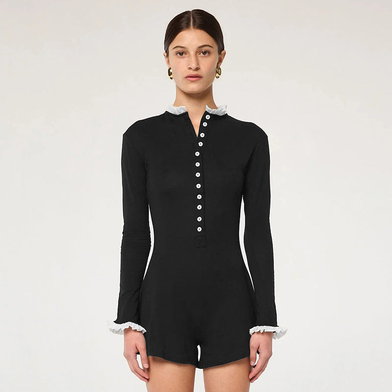 Color Block Button Front Long Sleeve Jumpsuit Women