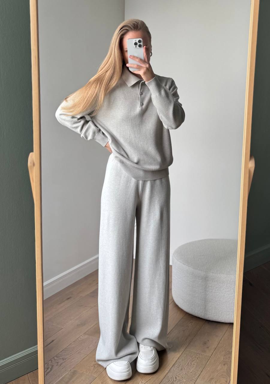 Solid Color Turn-down Collar Sweater Set Women's Loose Knit Polo Collar Sweater Wide-leg Pants Two-piece Set