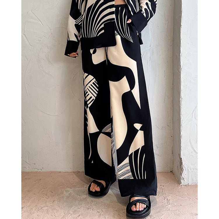 Autumn Winter New Turn-down Collar Casual Printed Long Sleeve Suit INS Loose Pocket Two-piece Set for Women