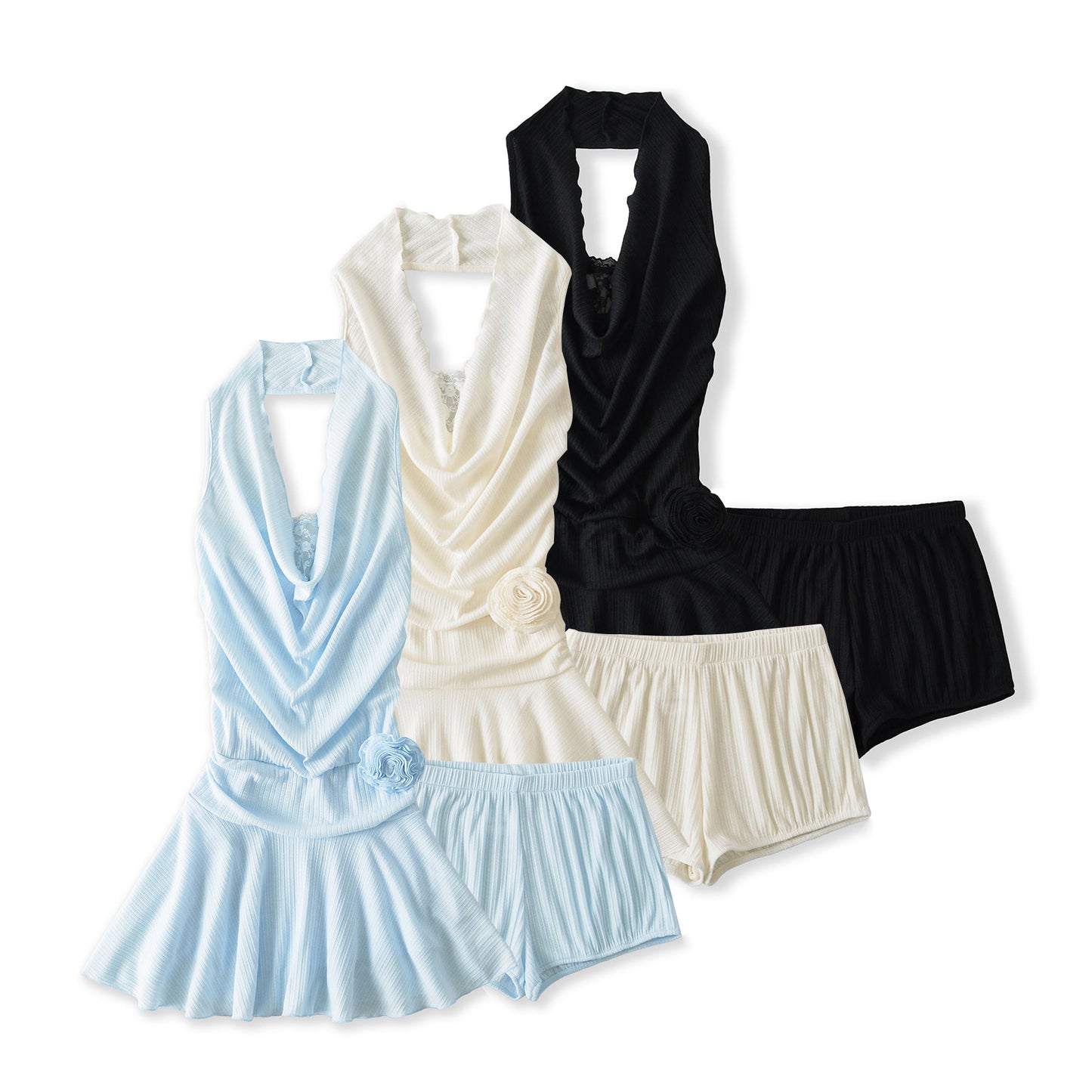 Swing collar lace two-piece waist cinching floral short dress