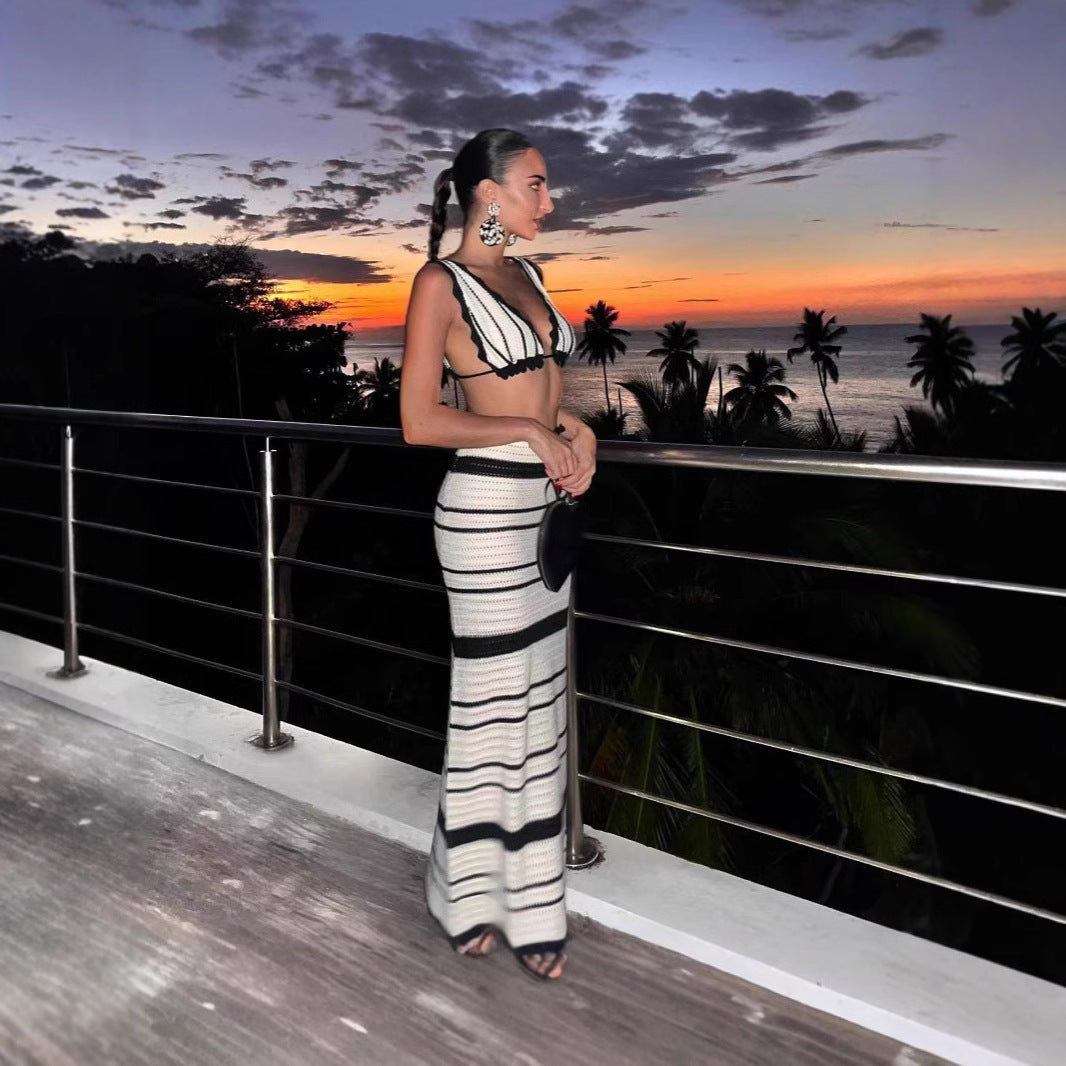 Women's Knitted Strap Camisole Top and Skirt Fashion Set