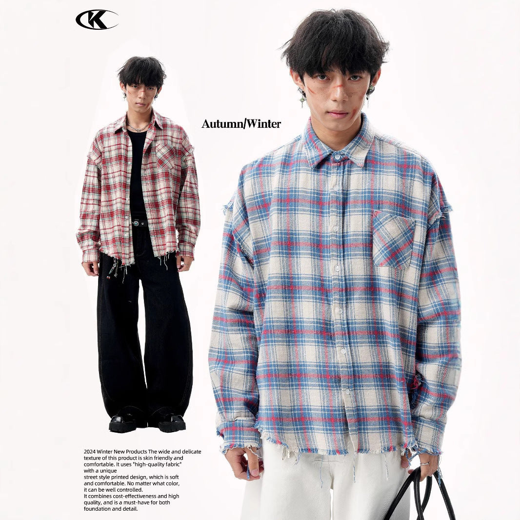 Color Block Frayed Tassel Loose Notched Collar Trendy Button Down Shirt