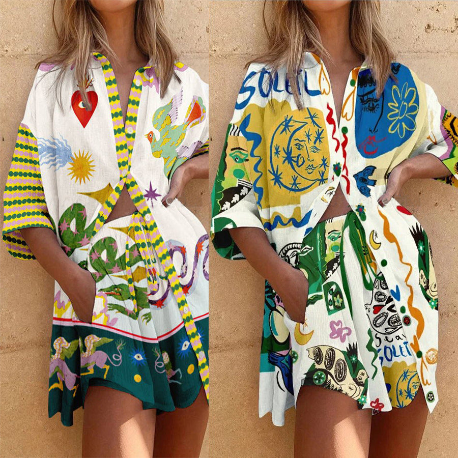 Summer Short Sleeve Shirt Loose Vacation Pocket Two-Piece Set for Women