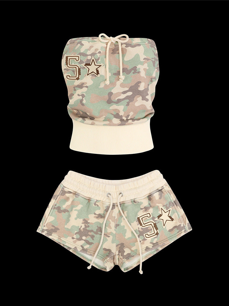 Y2K Retro Digital Print Tube Top and Strap Shorts Set for Casual Vacation Wear