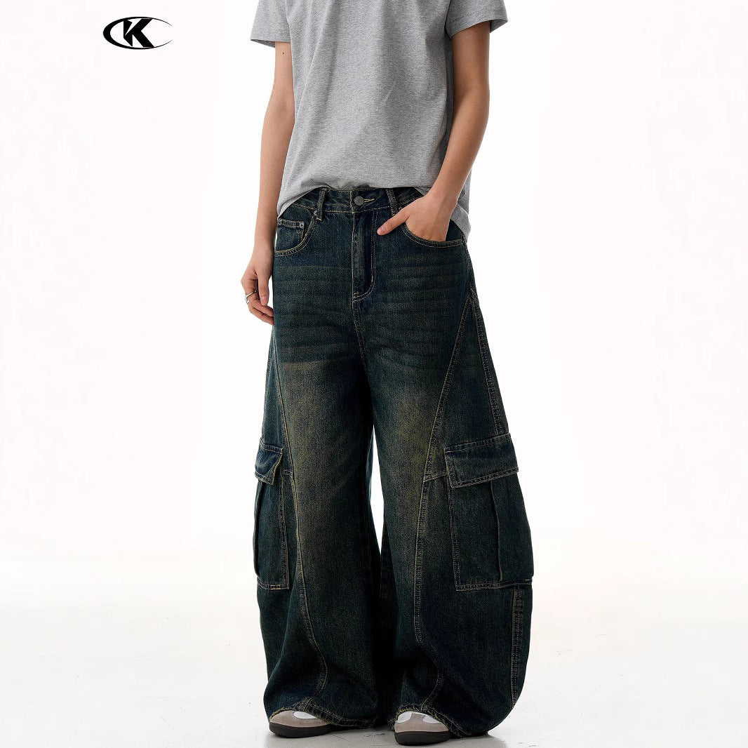 Blue Workwear Tapered Jeans for Men and Women with Multiple Pockets Loose Washed Banana Wide-Leg Long Pants