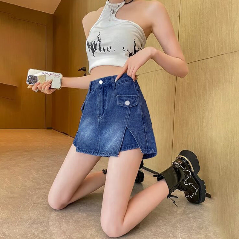 High-Waisted Slimming Denim Mini Skirt for Women, Sexy and Spicy Design, Thin Half-Length Denim Skirt