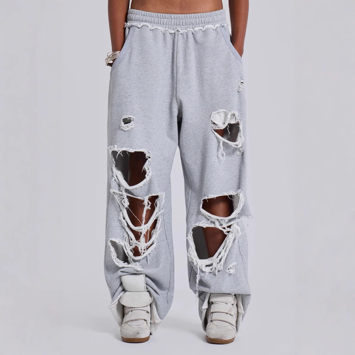 Style Trendy Casual Pants Street Hip-hop Distressed Design Wide-leg Loose Sweatpants