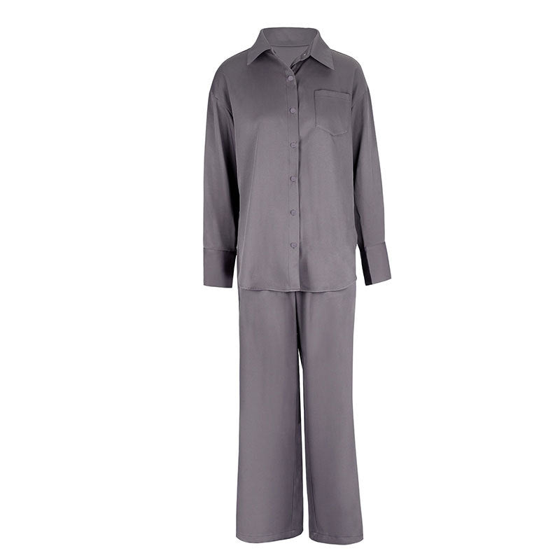 Two-Piece Set Button-Down Collar Top Loose Fit Comfortable Wide-Leg Long Pants