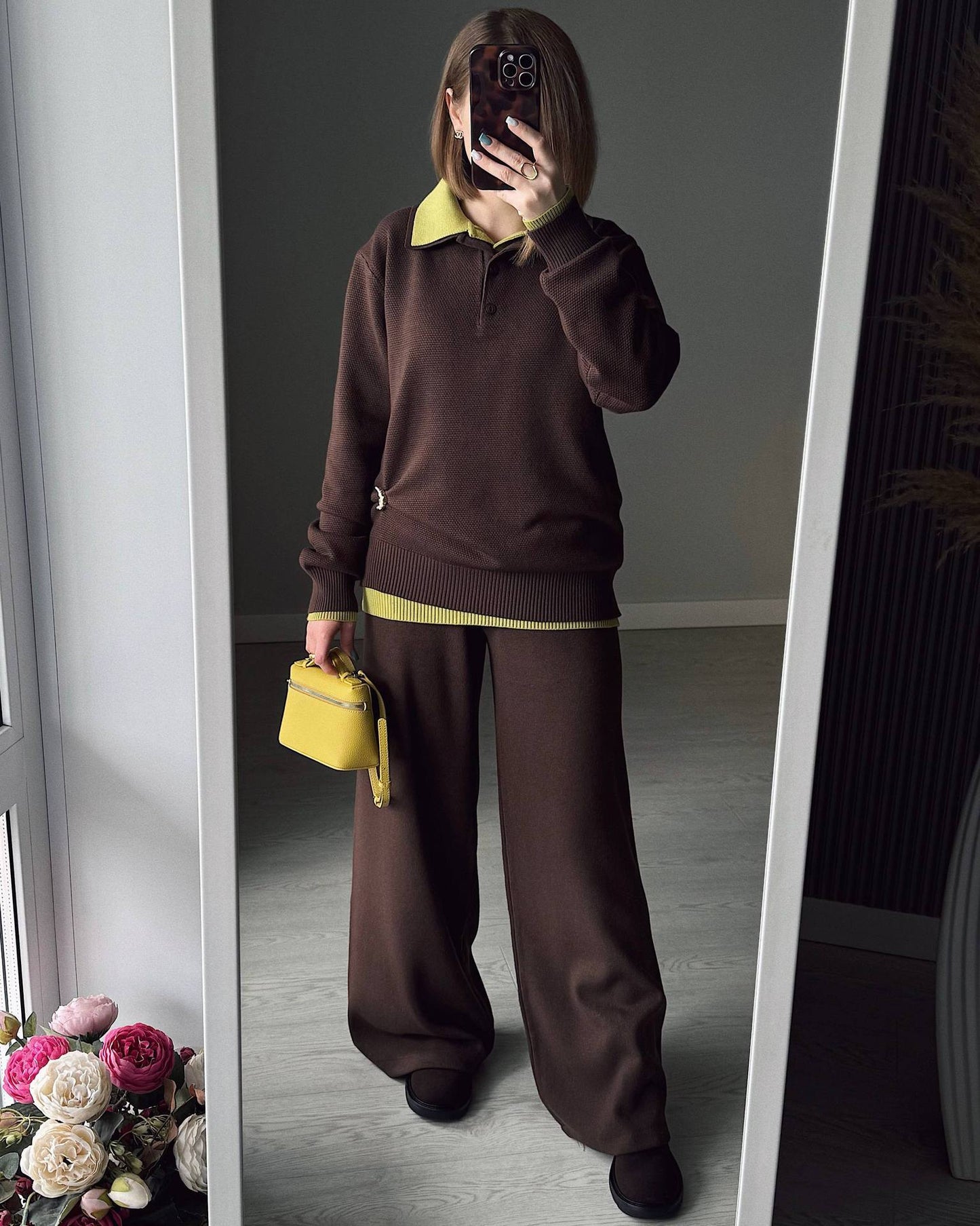 Solid Color Turn-down Collar Sweater Set Women's Loose Knit Polo Collar Sweater Wide-leg Pants Two-piece Set
