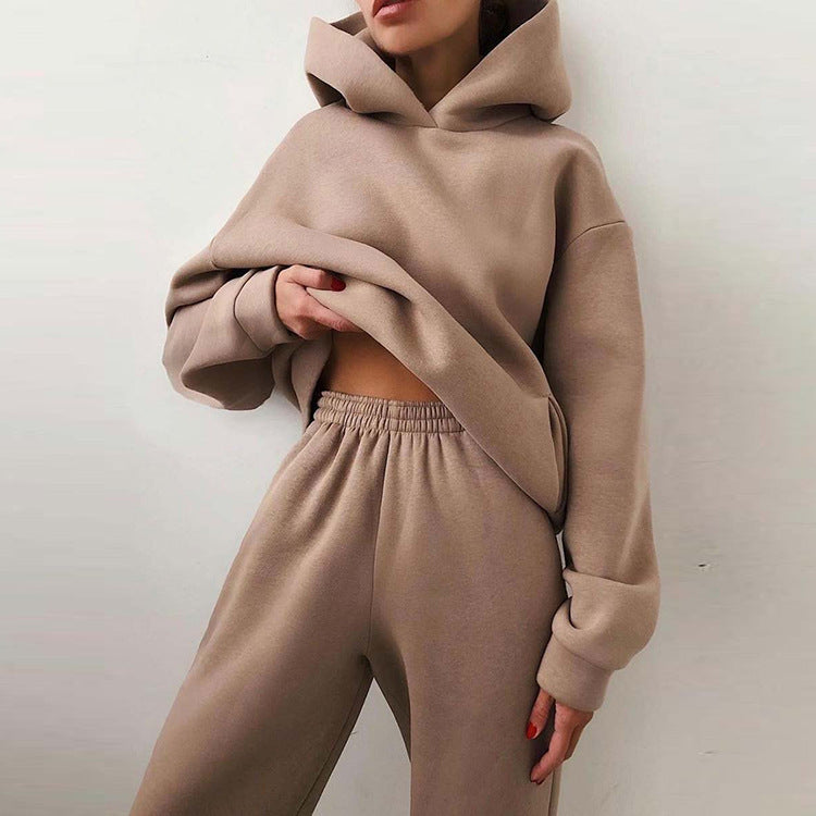 Women's Spring Hooded Set Solid Color Casual Sports Sweatshirt Set