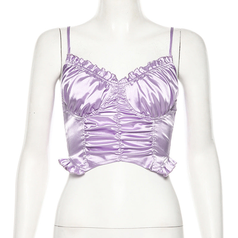 Fresh Strap Inner Wear Backless Pleated Fitted Crop Top and Skirt