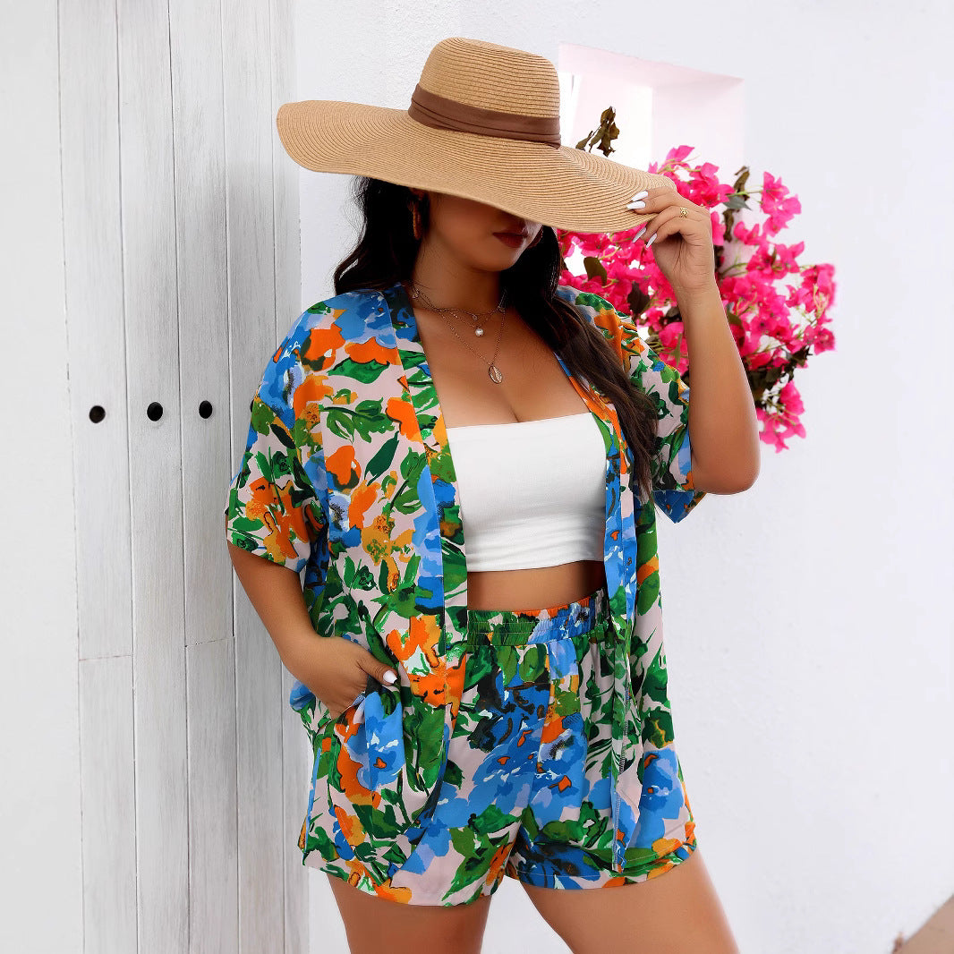 Women's Print Two-Piece Set Shirt and Shorts Suit