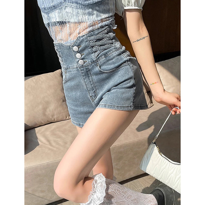 Casual Buttoned Denim A-Line Shorts for Women High-Waisted Slimming Straight-Leg Jeans