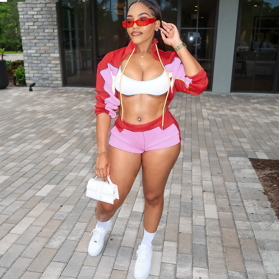 Women's High Neck Long Sleeve Top and Bodycon Shorts Sports Leisure Set