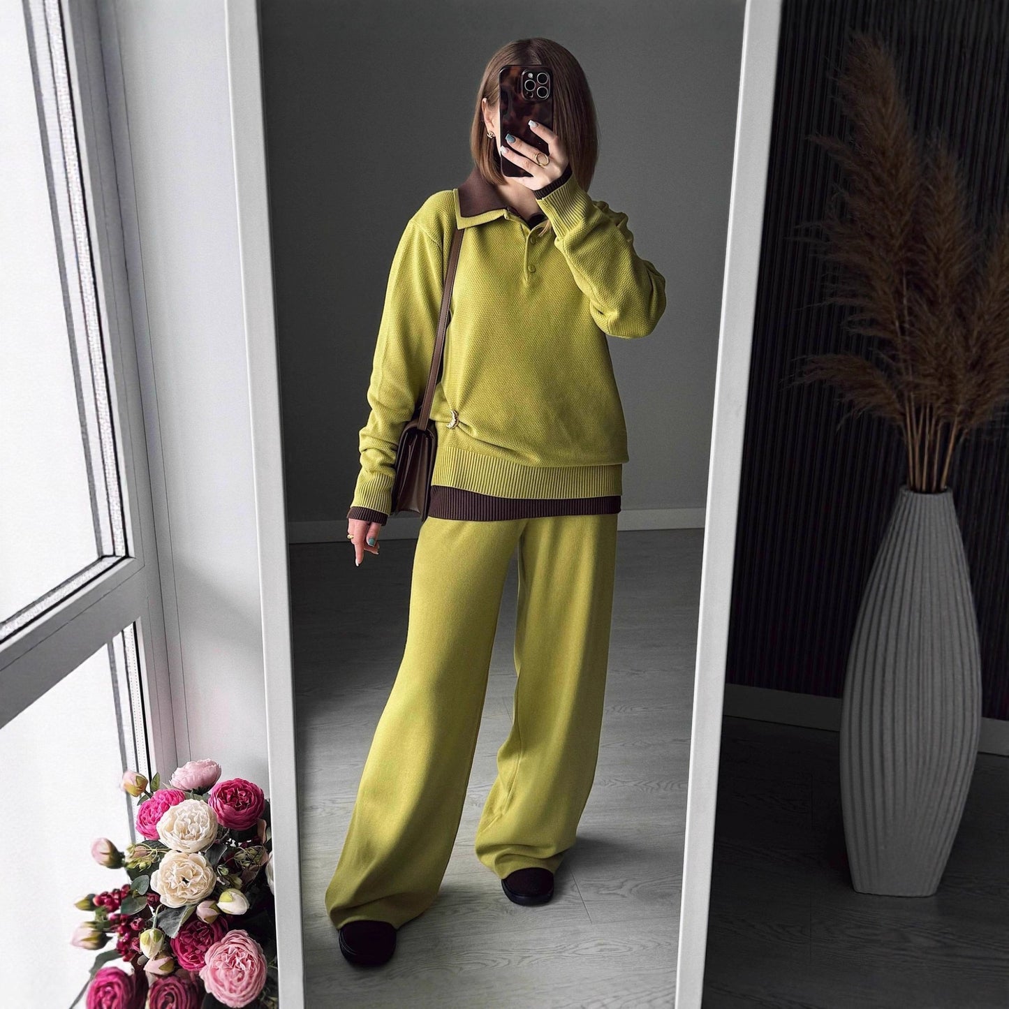 Solid Color Turn-down Collar Sweater Set Women's Loose Knit Polo Collar Sweater Wide-leg Pants Two-piece Set