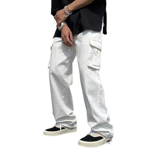 Men's Loose Straight Multi-Pocket Drawstring Work Pants