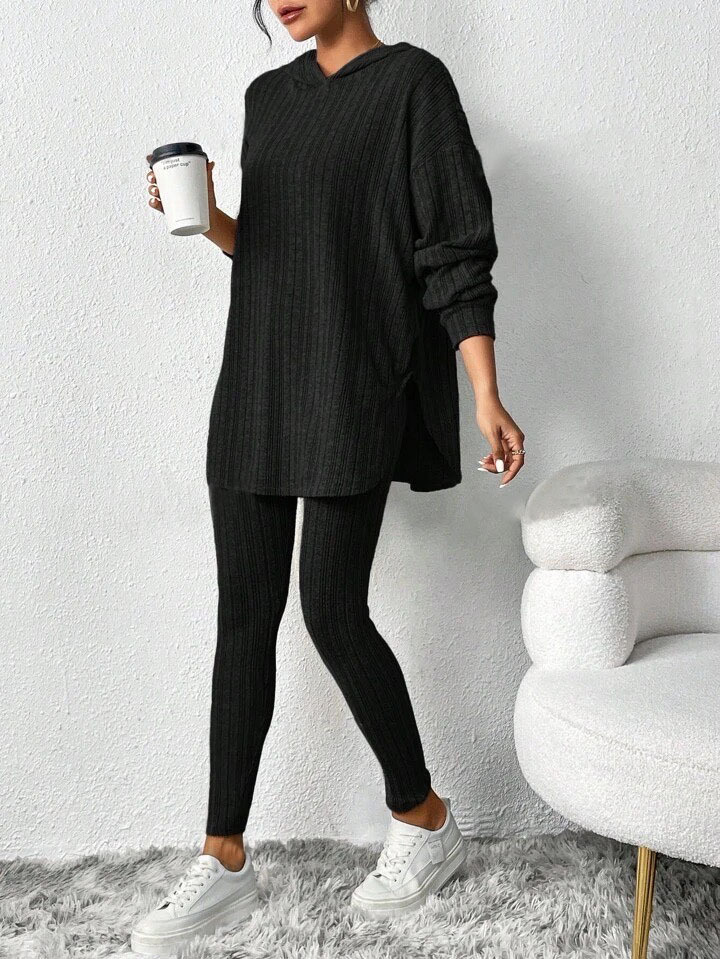 Autumn and Winter Style Loose Hooded Long Sleeve Casual Trousers Ribbed Suit