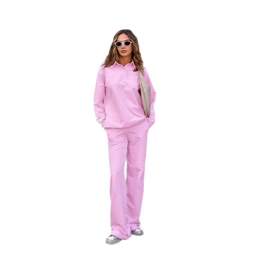 Hoodie Set Women's Polo Collar Long Sleeve Pants High-Grade Trendy Casual Two-Piece Set