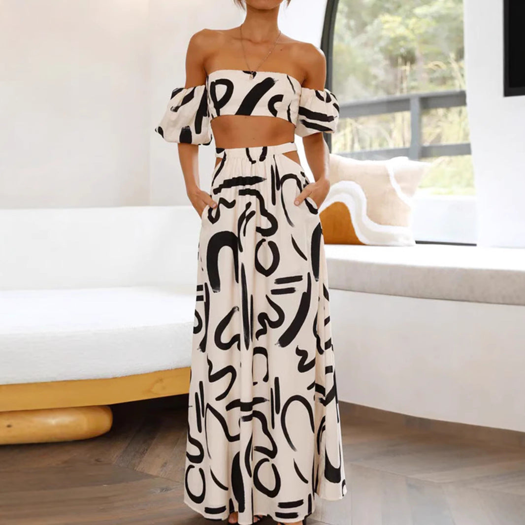 Bubble Sleeve Top Hollow Flare Long Skirt Separated Dress Set