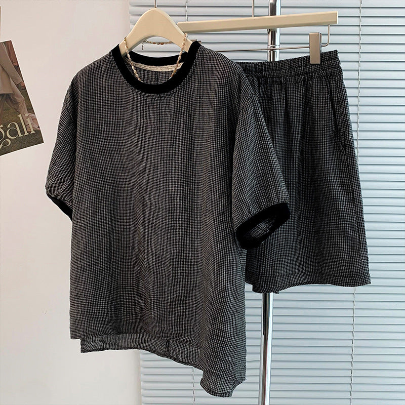 Cotton Linen Vintage Loose Casual Plaid T-Shirt + Wide Leg Shorts Two-Piece Set