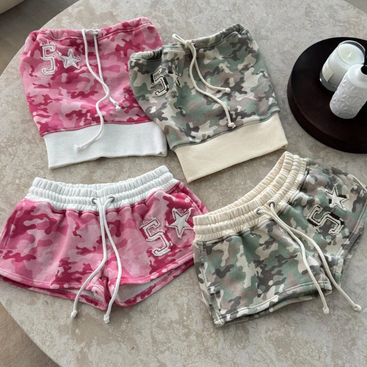 Y2K Retro Digital Print Tube Top and Strap Shorts Set for Casual Vacation Wear