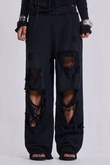 Style Trendy Casual Pants Street Hip-hop Distressed Design Wide-leg Loose Sweatpants
