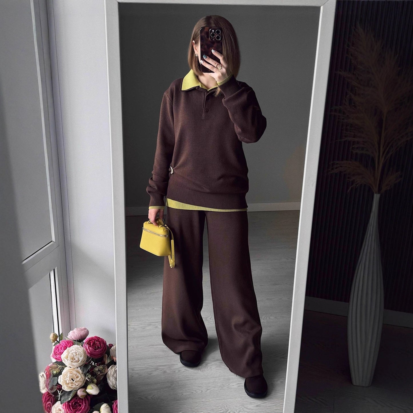 Solid Color Turn-down Collar Sweater Set Women's Loose Knit Polo Collar Sweater Wide-leg Pants Two-piece Set