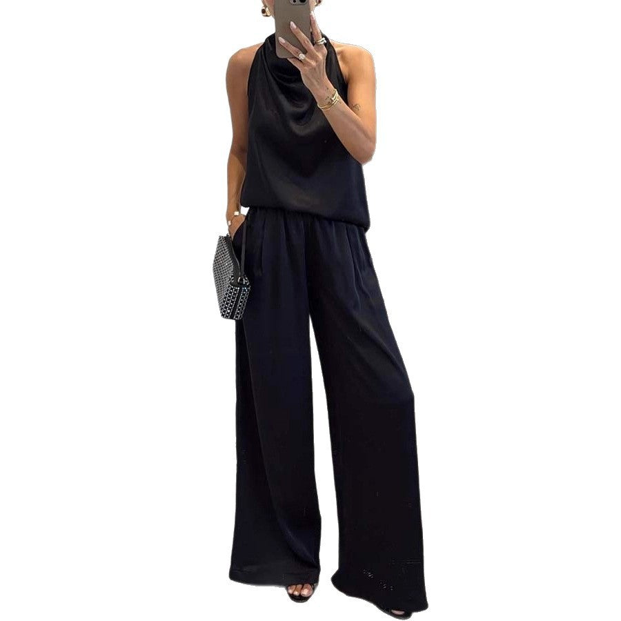 Elegant Sleeveless Long Pants Satin Set Women's Loose Two-Piece Suit for Spring and Summer Casual Vacation