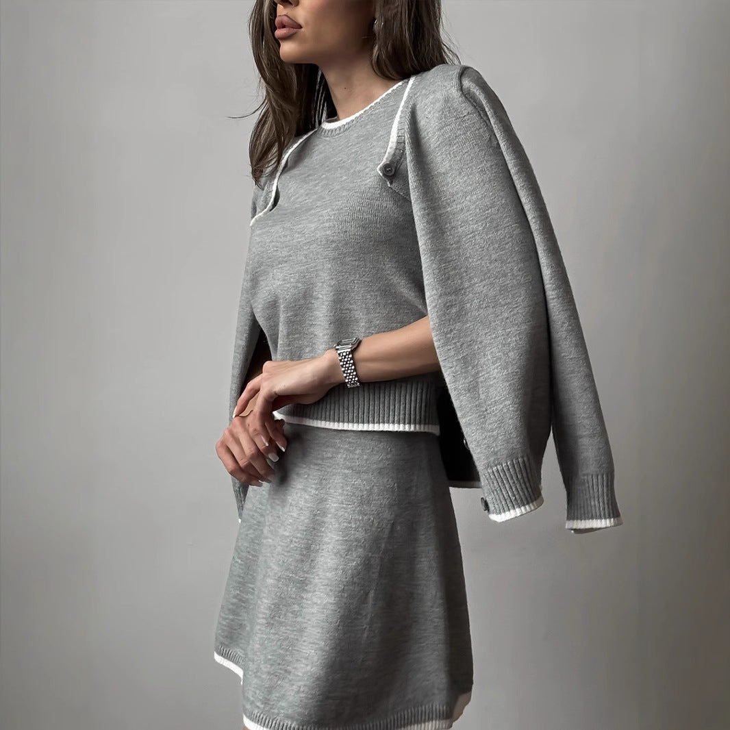 Women's Color Block Small Wind Knitted Top and Short Skirt Three-Piece Set