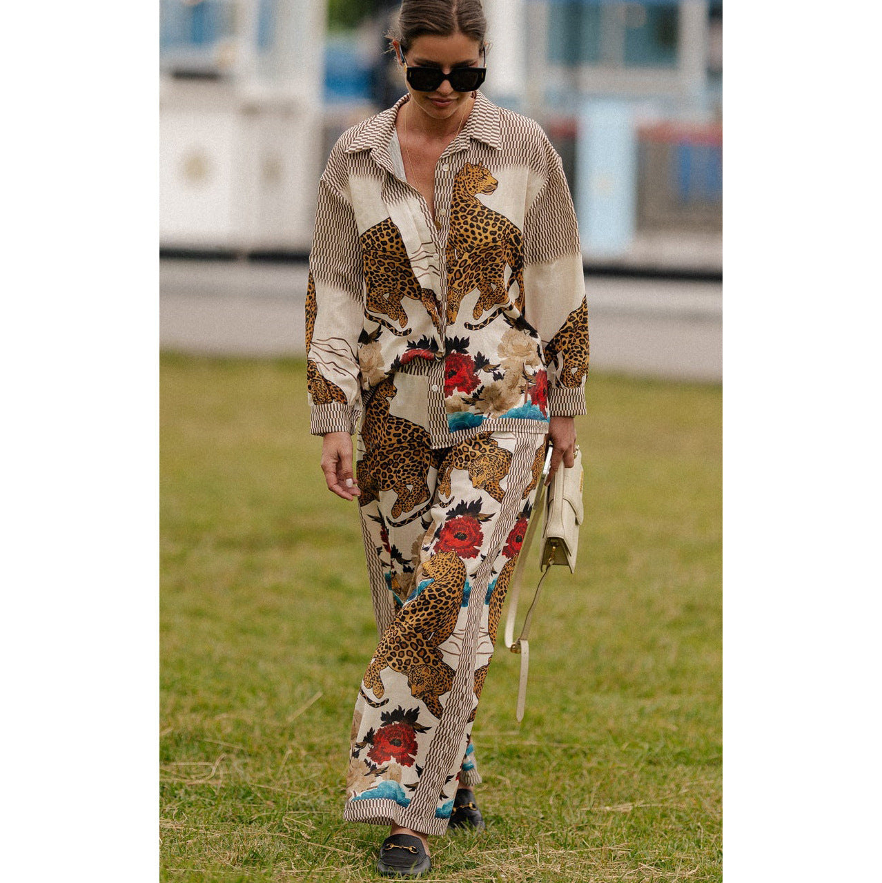 Long Sleeve Casual Vacation Two-Piece Set INS Loose Printed Pocket Practical Suit