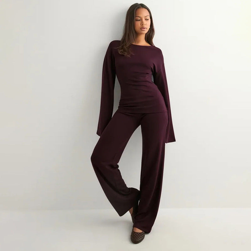 Style Round Neck Flared Long Sleeve Straight Leg Pants Set for Women