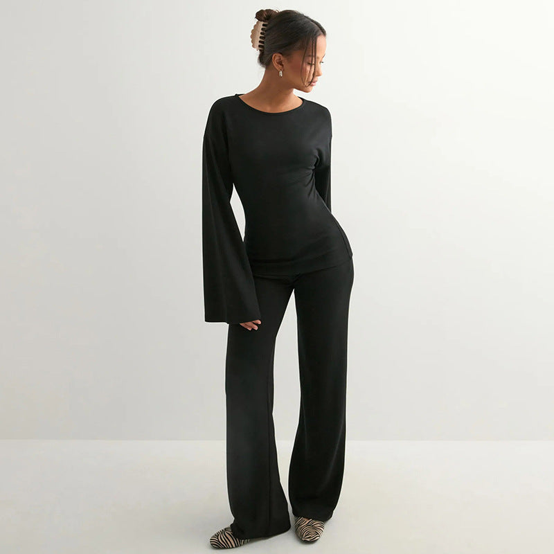 Style Round Neck Flared Long Sleeve Straight Leg Pants Set for Women