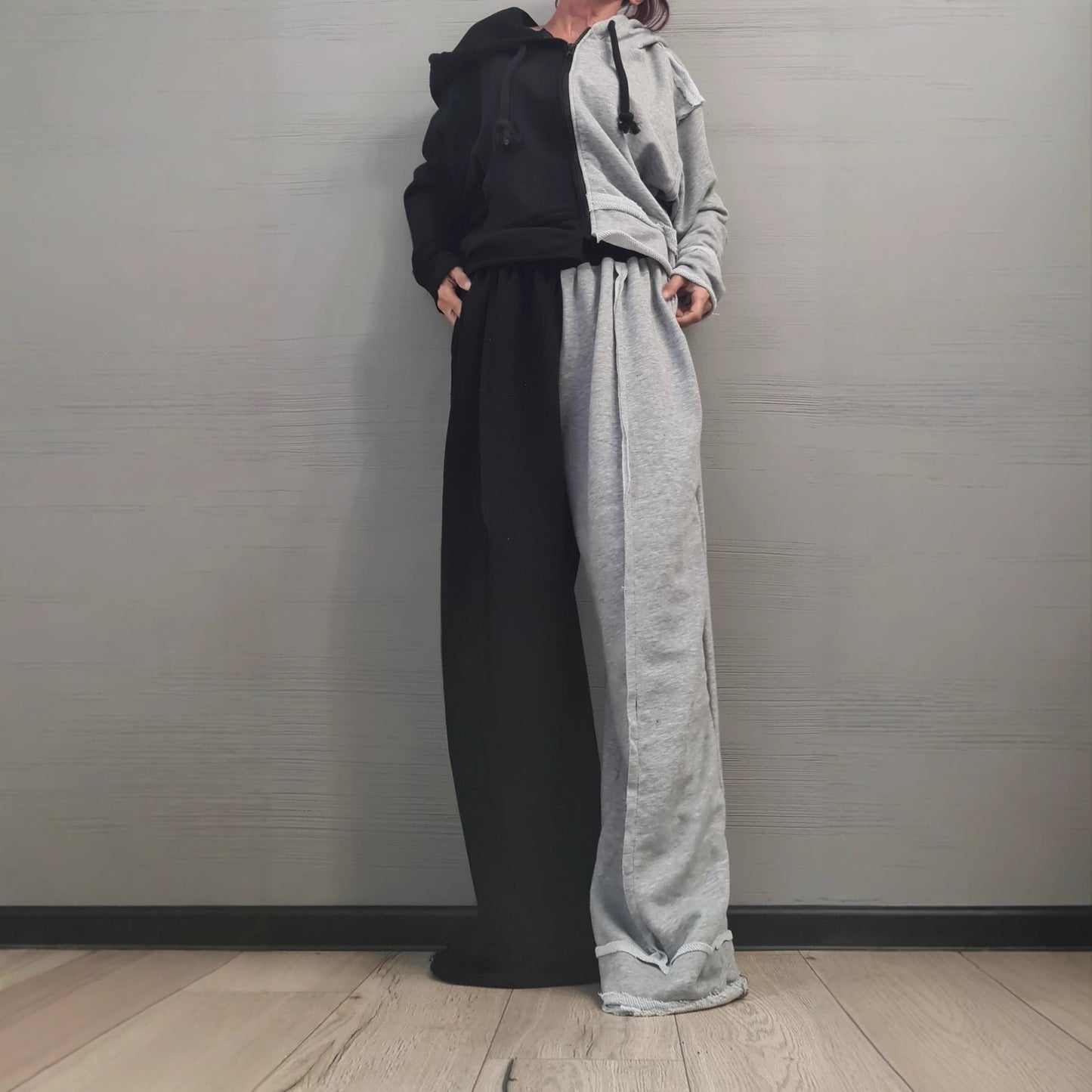 Loose long sleeved sweatshirt zipper jacket camouflage splicing casual pants set