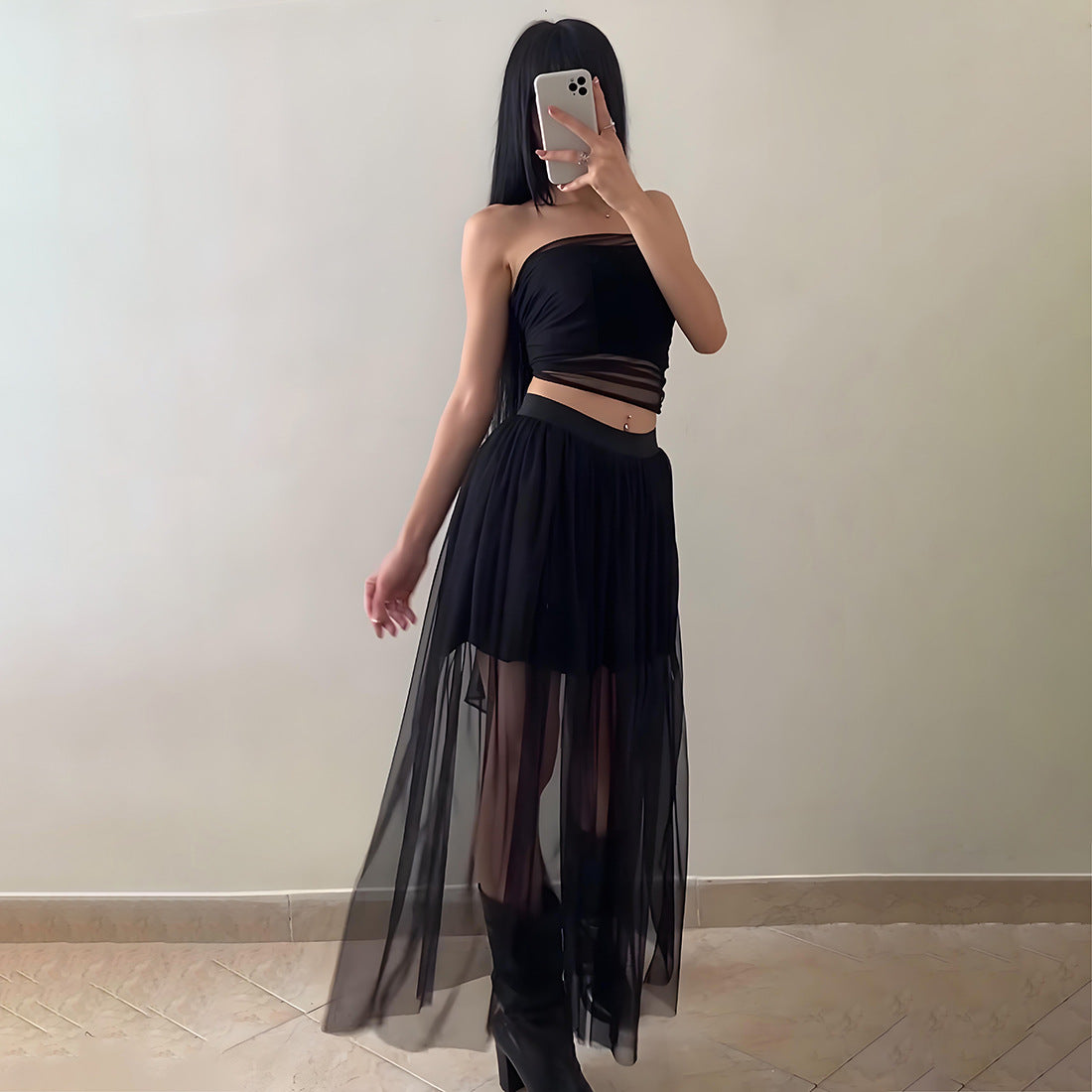 Solid color waist strapless top high waisted mesh skirt set for women