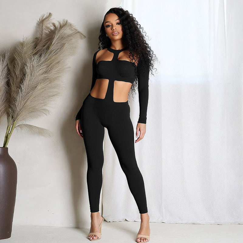 Hollow out elastic slim fit long sleeved sports pants for women