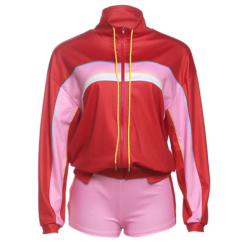 Women's High Neck Long Sleeve Top and Bodycon Shorts Sports Leisure Set