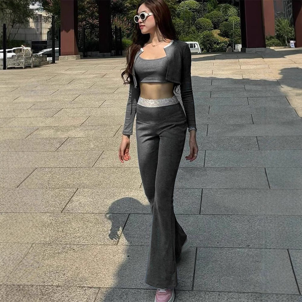 Hollow Knit Lace Trim Cardigan Slim Long Sleeve Trousers 3-Piece Set for Women