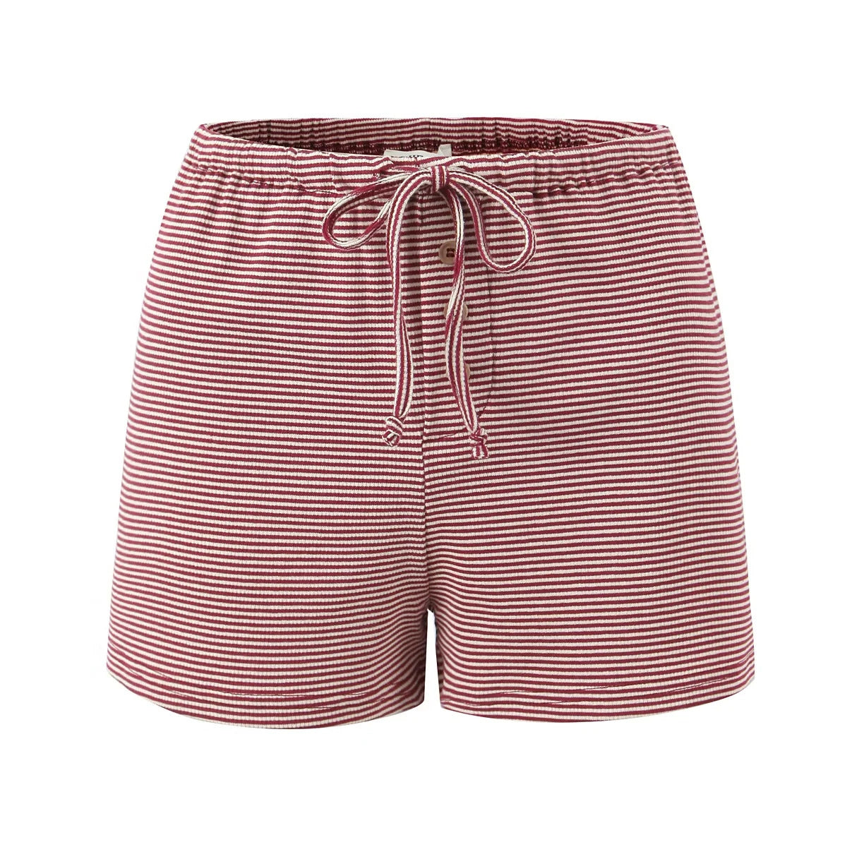 Two piece set of contrasting striped long sleeved T-shirt and low waisted drawstring tied shorts