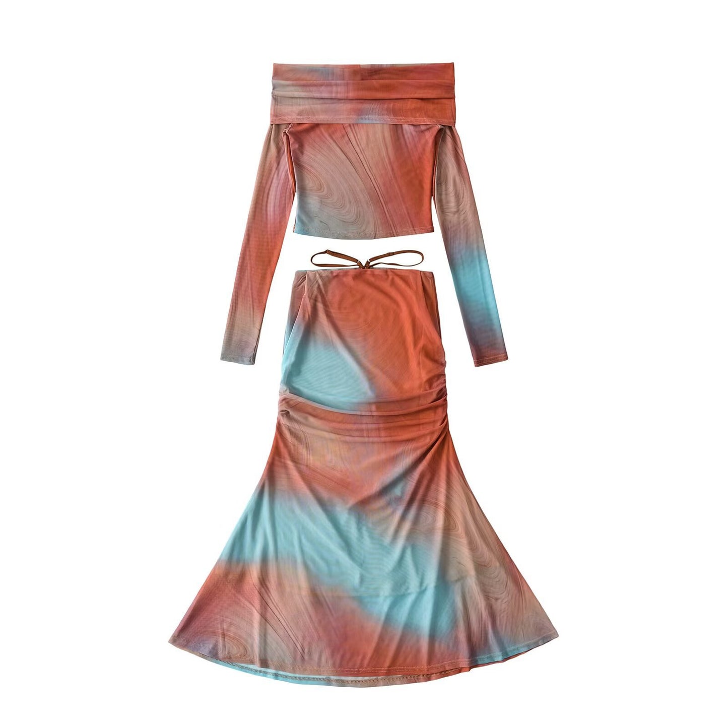 Women's Clothing Mesh Printed One-Shoulder Long Sleeve Top + Skirt