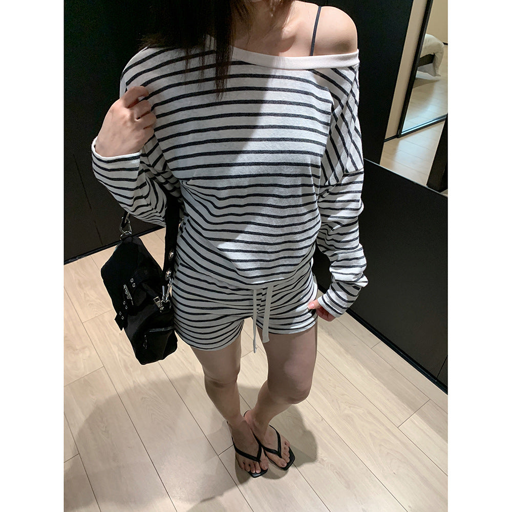 Sweet and Spicy Style Striped Set Loose Off-the-Shoulder T-Shirt + Casual Shorts