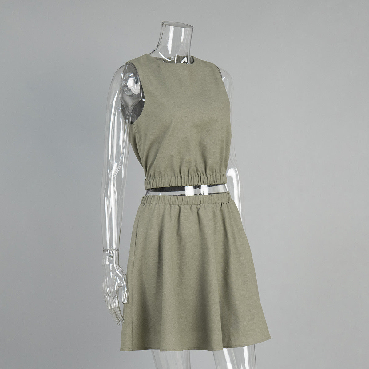 Round Neck Pleated Skirt Solid Color Comfortable Short Skirt Casual Commuting Set for Women