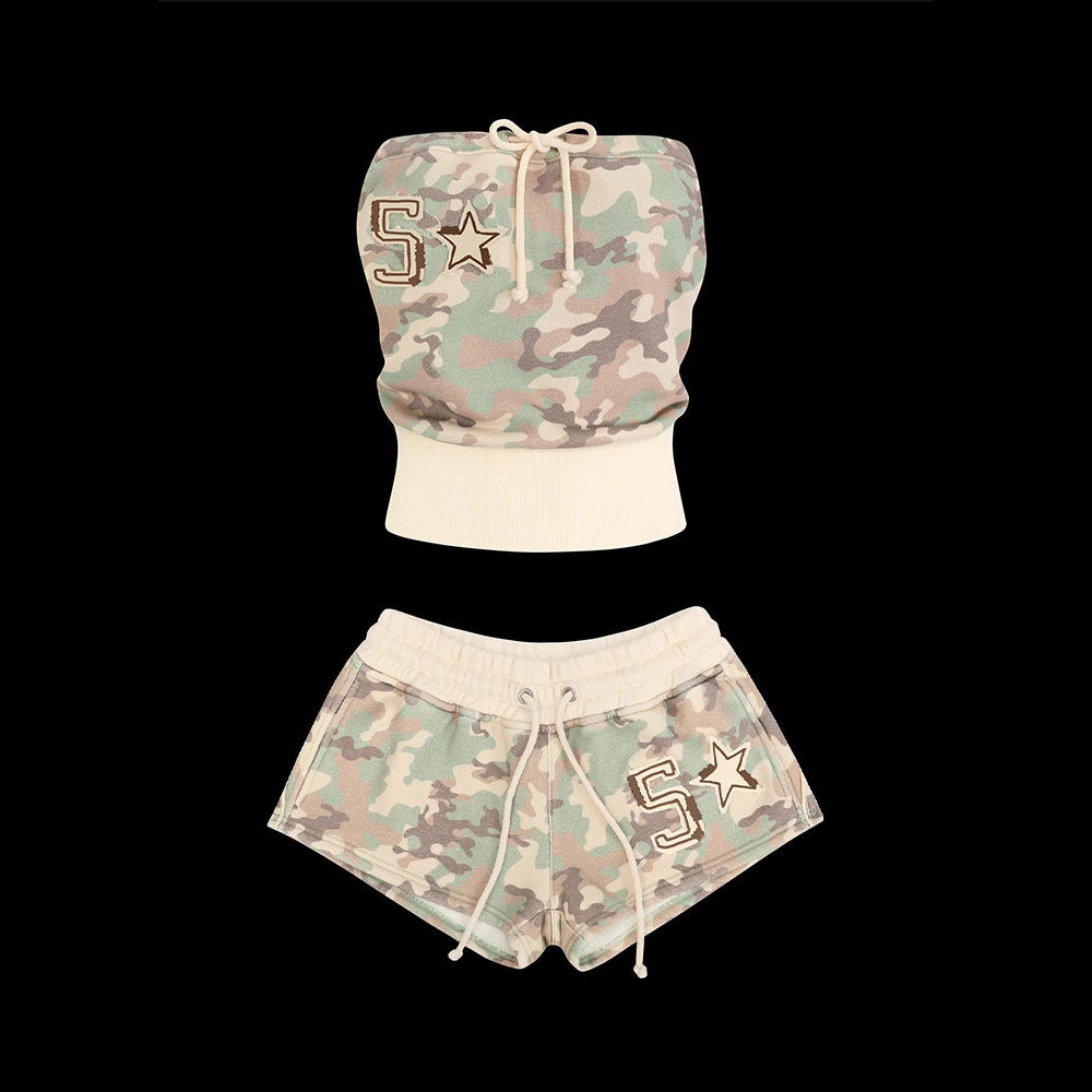 Y2K Retro Digital Print Tube Top and Strap Shorts Set for Casual Vacation Wear