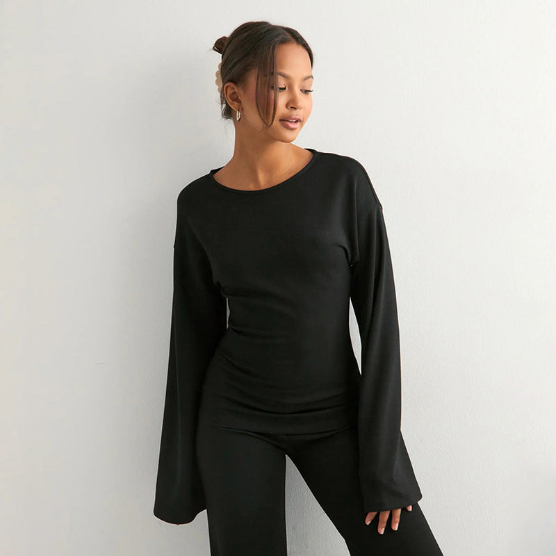 Style Round Neck Flared Long Sleeve Straight Leg Pants Set for Women