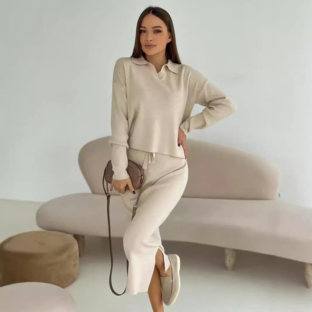 Style Knitted Suit Women's Core Spun Yarn Soft Slit Sweater with Belted Skirt