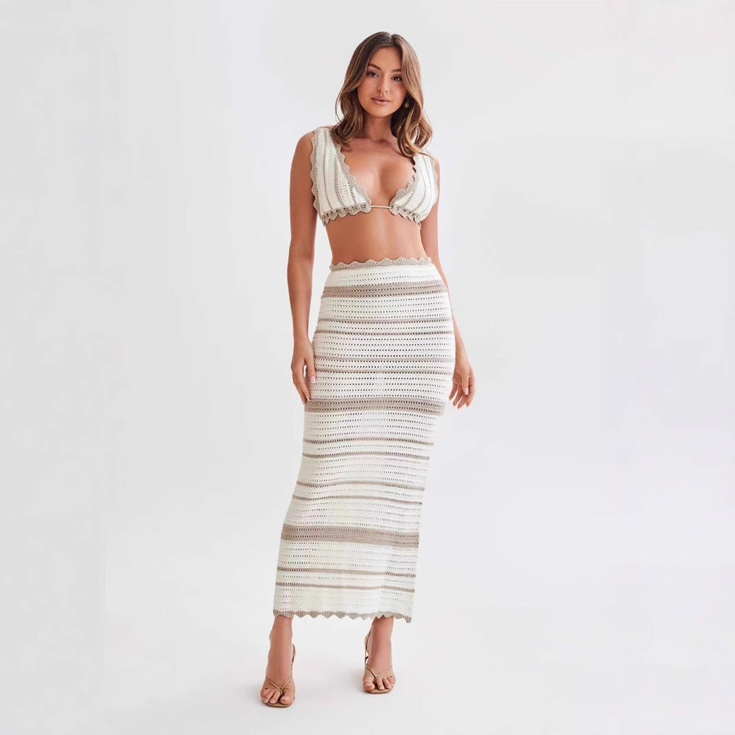 Women's Knitted Strap Camisole Top and Skirt Fashion Set