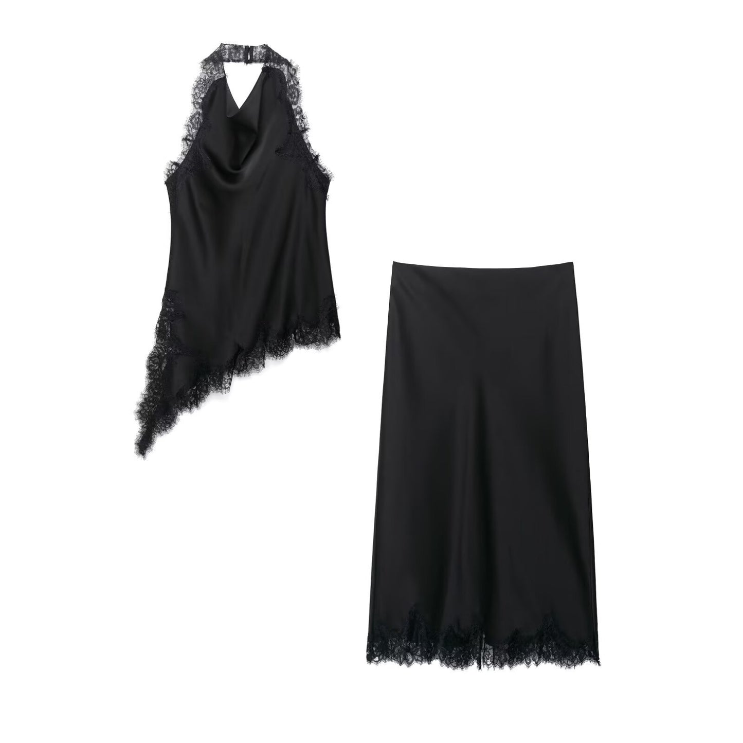 Women's Clothing INS Halter Lace Top + Satin Texture Skirt