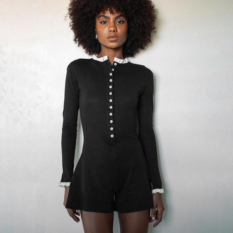 Color Block Button Front Long Sleeve Jumpsuit Women