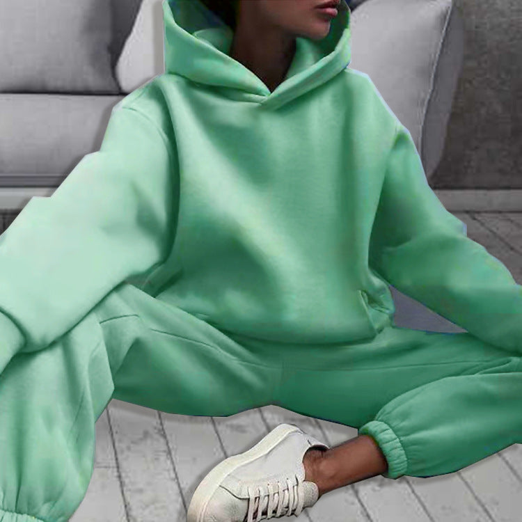 Women's Spring Hooded Set Solid Color Casual Sports Sweatshirt Set